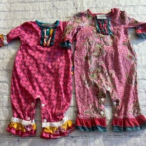 PLIT & FLITTER TWO WHIMSICAL PRINTS WITH RUFFLE DESIGNS ROMPERS PERU MADE 9MOS